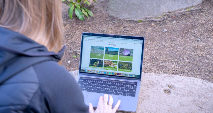 Woman working on eCourses in nature